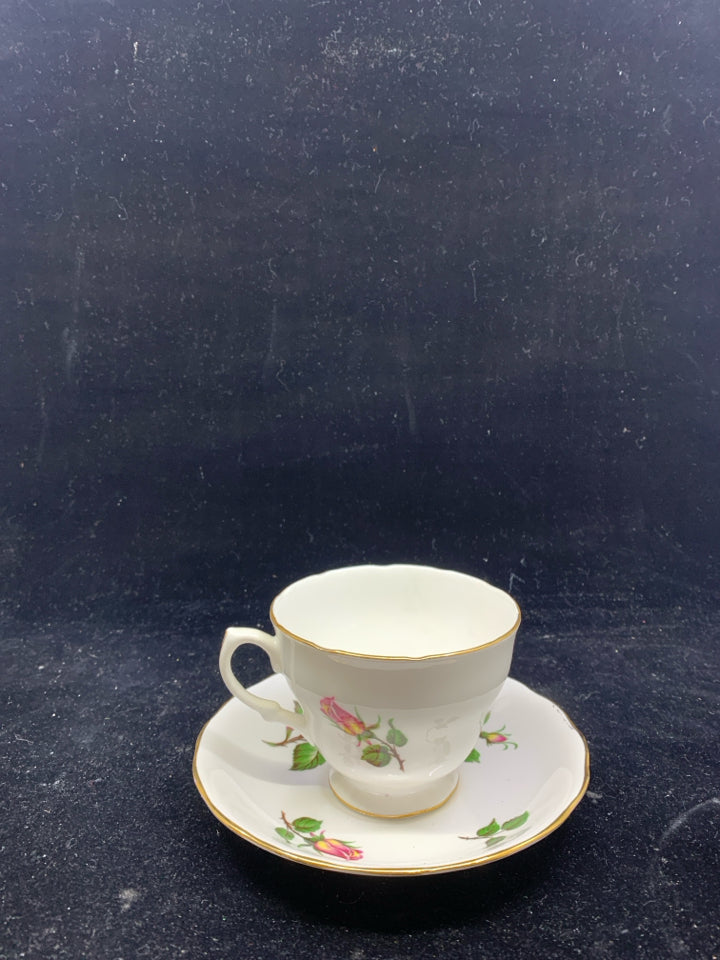 VTG CROWN ROYAL PINK ROSES TEACUP AND SAUCER.