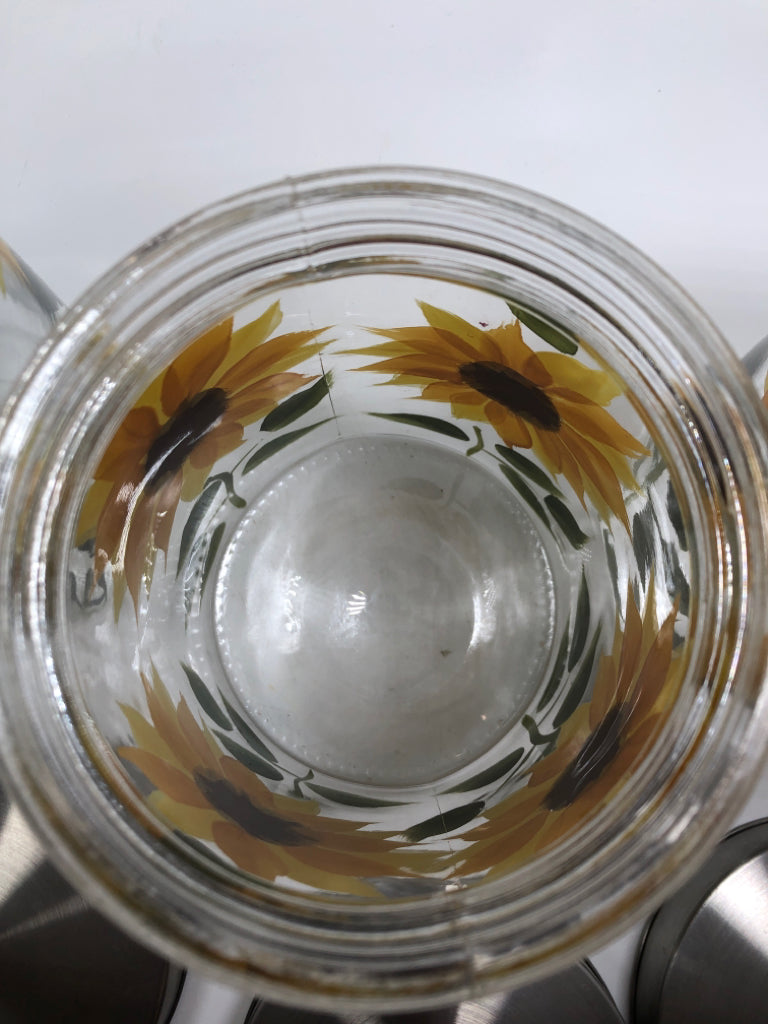 3PC SUNFLOWER PAINTED GLASS CANISTERS.