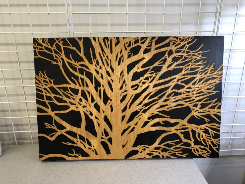 BLACK WOOD CARVED TREE WALL HANGING.