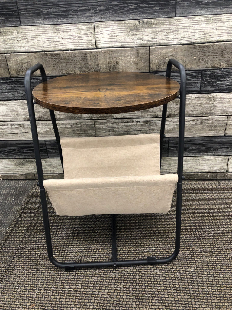 FAUX WOOD TOP, BOTTOM FABRIC SHELF SIDE TABLE.