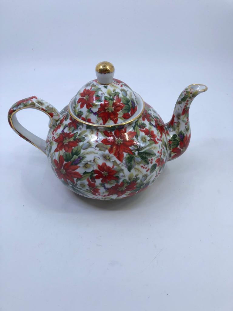 WHITE W/ RED POINSETTIA TEA POT.