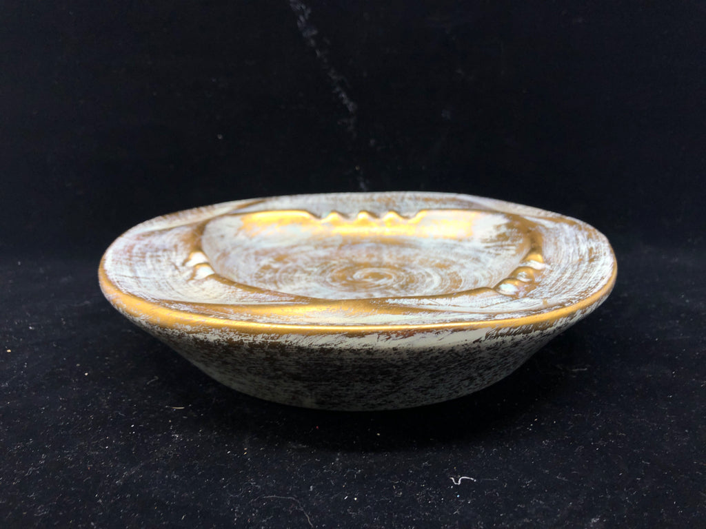 STANGL ANTIQUE GOLD /BLUE POTTERY ASHTRAY.