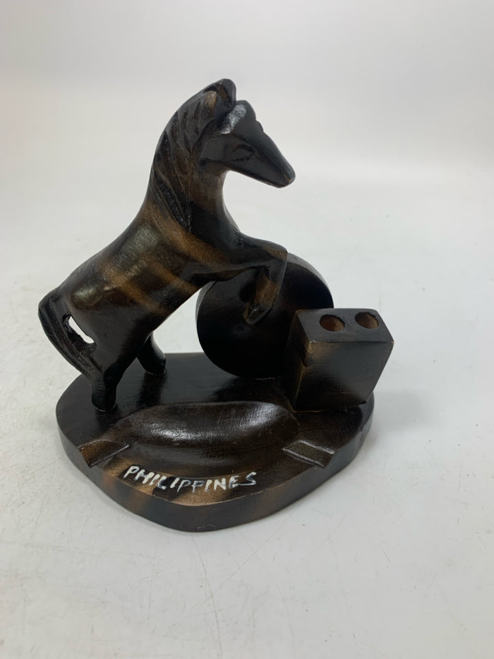 WOOD CARVED HORSE PHILIPPINES ASHTRAY.