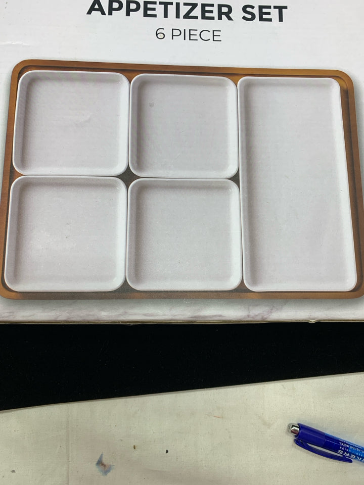 6PC WHITE APPETIZER SET W/BAMBOO TRAY IN BOX.