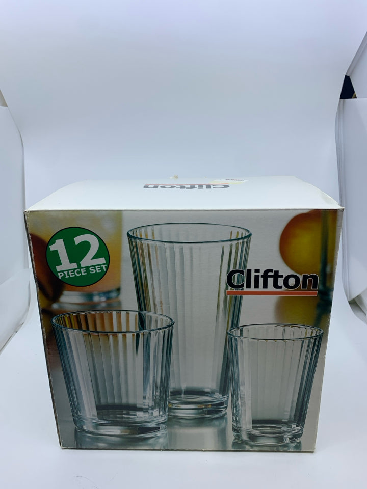 NIB CLIFTON 12 PC GLASS SET.