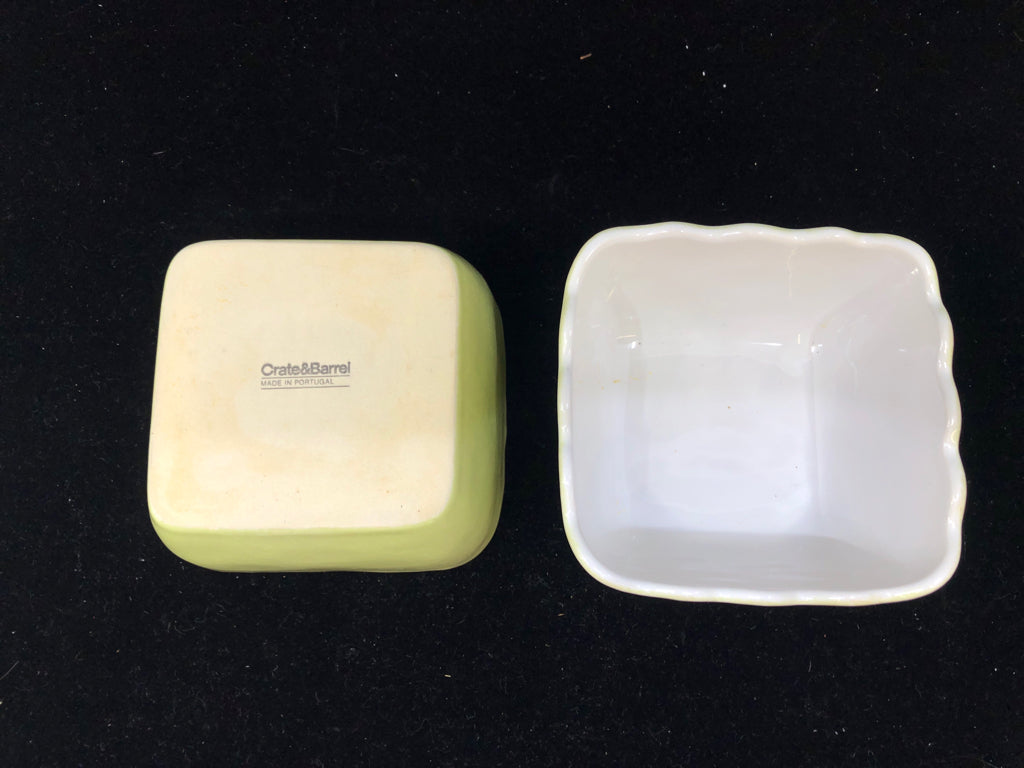 2 LIGHT GREEN SQUARE BOWLS W/ SCALLOP EDGE CRATE&BARREL.