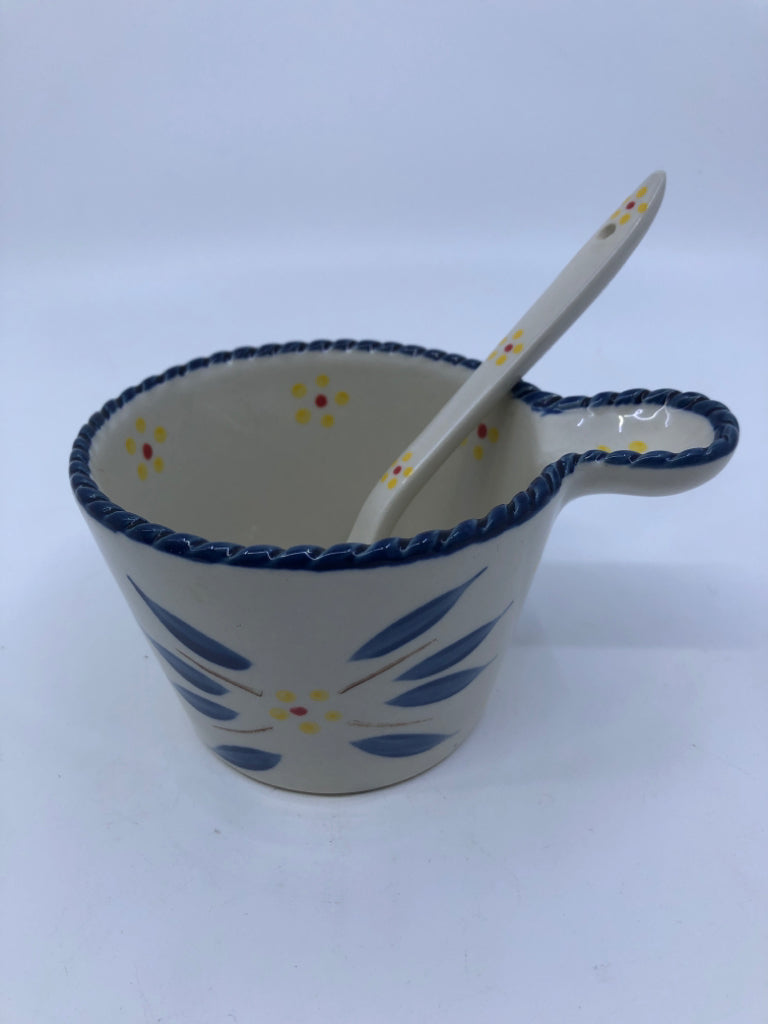 PETITE SERVING BOWL WITH SPOON CREAM,BLUE,YELLOW FLOWERS.