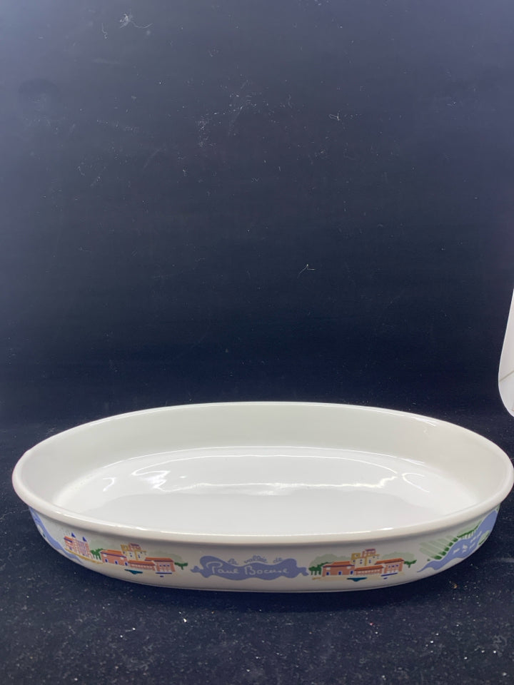 PAUL BOCUSE OVAL CASSEROLE DISH WHITE W/ CITY SCENE.