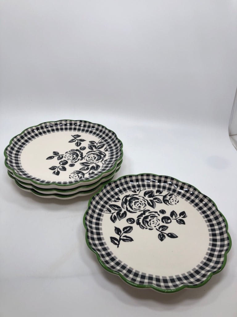 4 BLACK ROSE/PLAID PLATES.