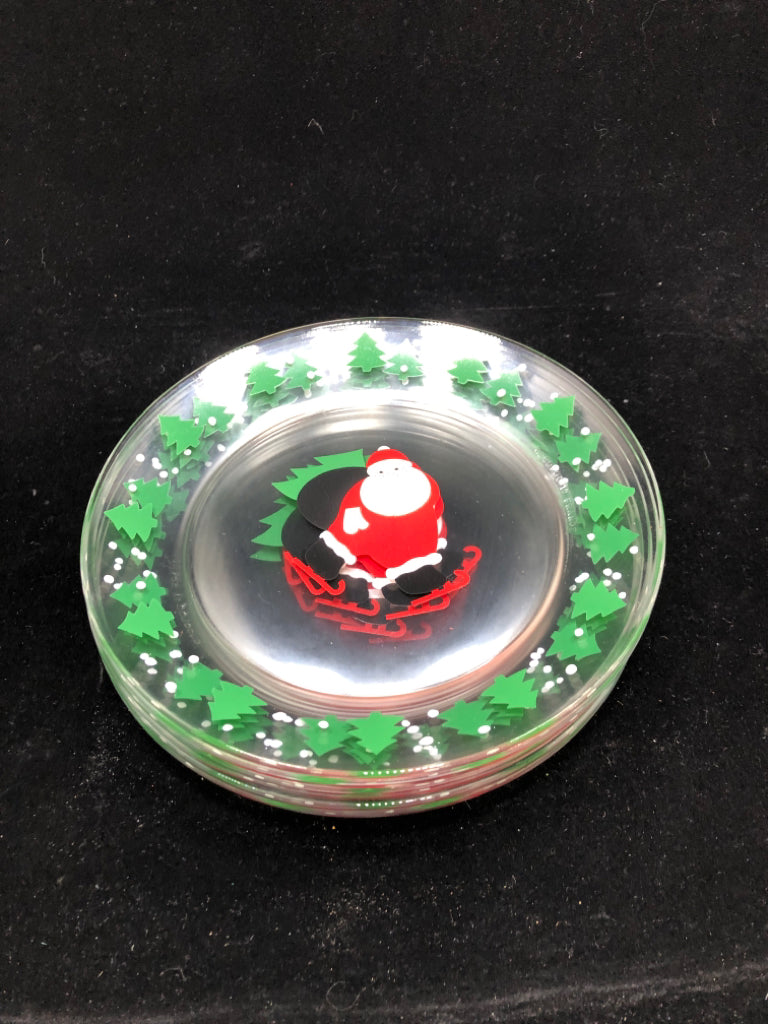 6 SKATING SANTA GLASS PLATES.