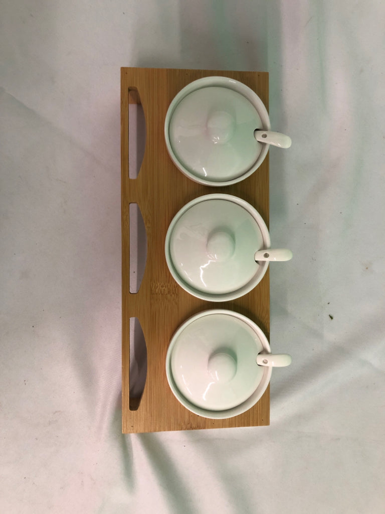 WOOD TRAY W/ 3 WHITE SAUCE INSERTS W/ SPOONS/LIDS.