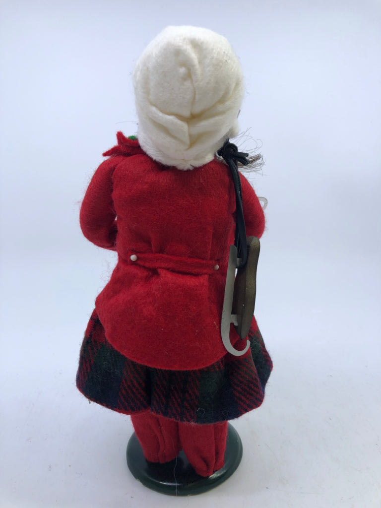 BYERS' CHOICE GIRL IN RED DRESS, PLAID SKIRT W MUFF-1992.