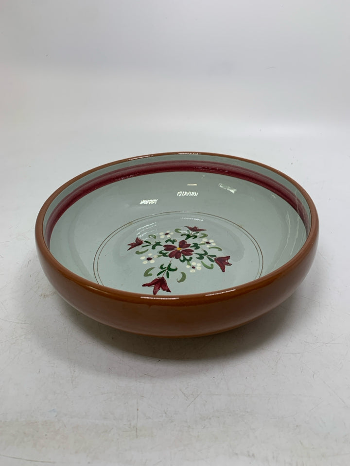 POTTERY BOWL W/ BURGUNDY FLOWERS/ RING.