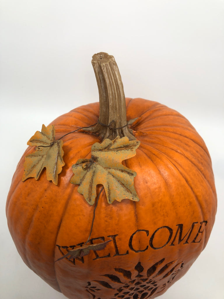 "WELCOME FRIENDS" ORANGE CARVED FAUX PUMPKIN.