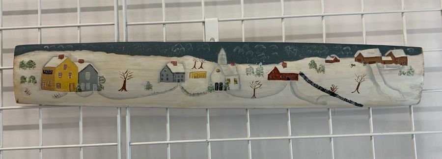 WINTER VILLAGE PAINTING ON WOOD PLANT WALL HANGING.
