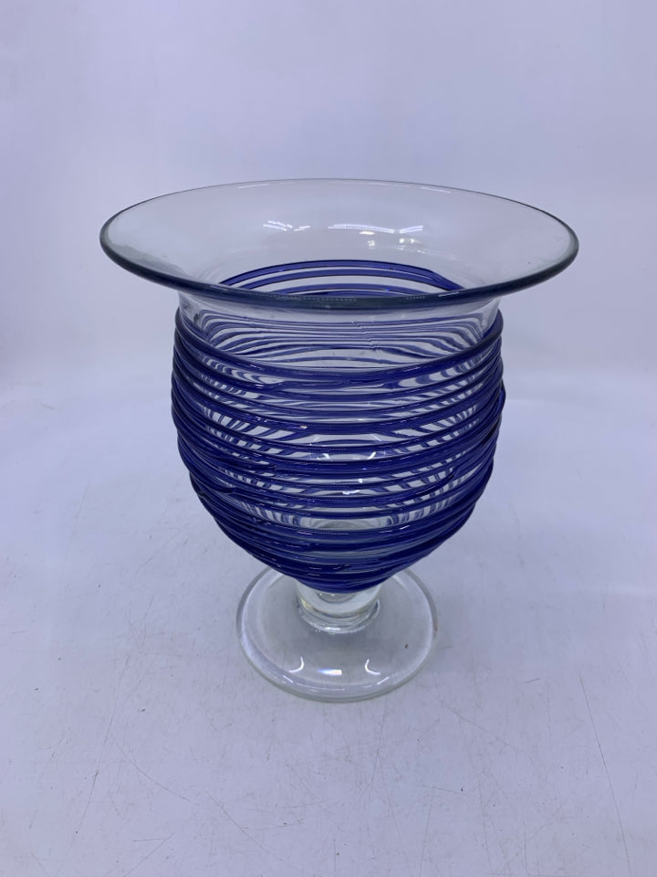FOOTED GLASS CANDLE HOLDER W/ BLUE LINES.
