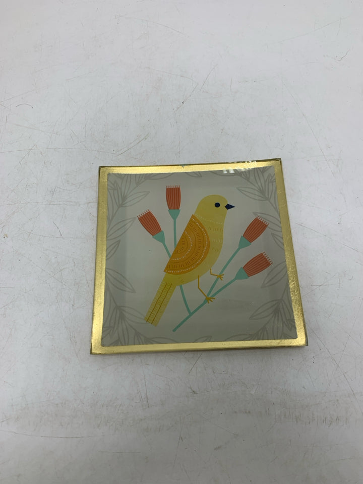 SMALL GLASS SQUARE PLATE W/ YELLOW BIRD.