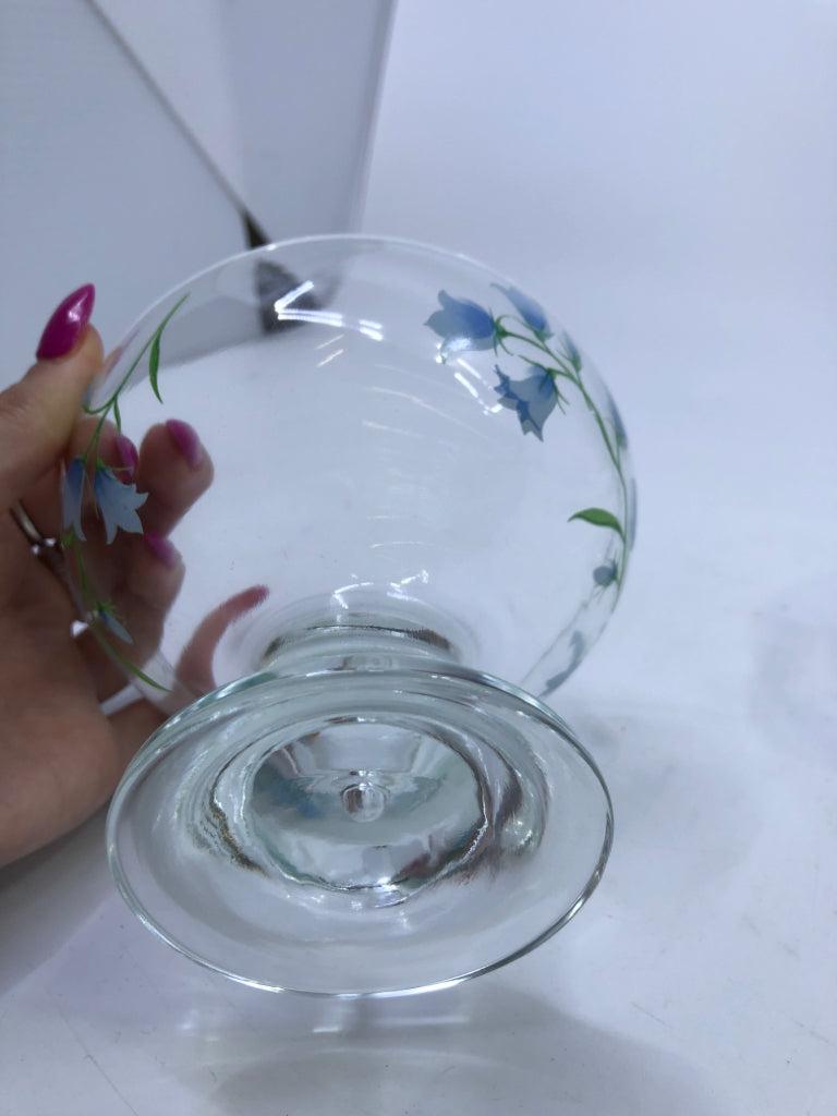 2 CLEAR GLASS BLUE FLORAL DESSERT BOWLS.