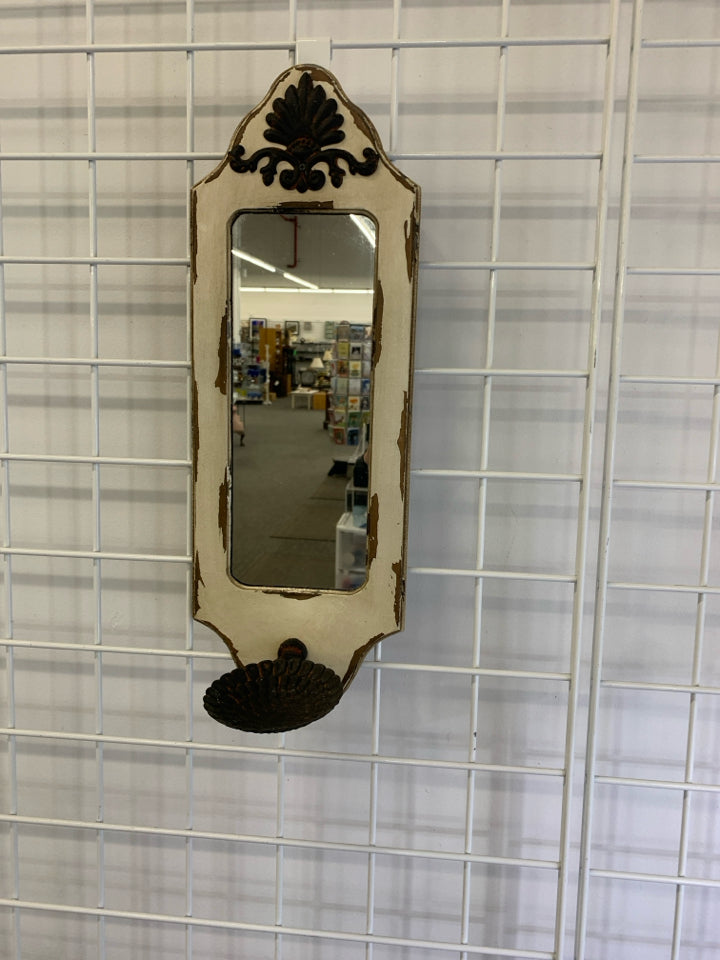 RUSTIC WALL MIRROR W/PILLAR CANDLE HOLDER.