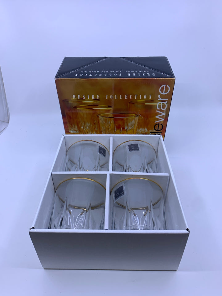 NIB 4 GOLD RIM SHORT WATER GLASSES.