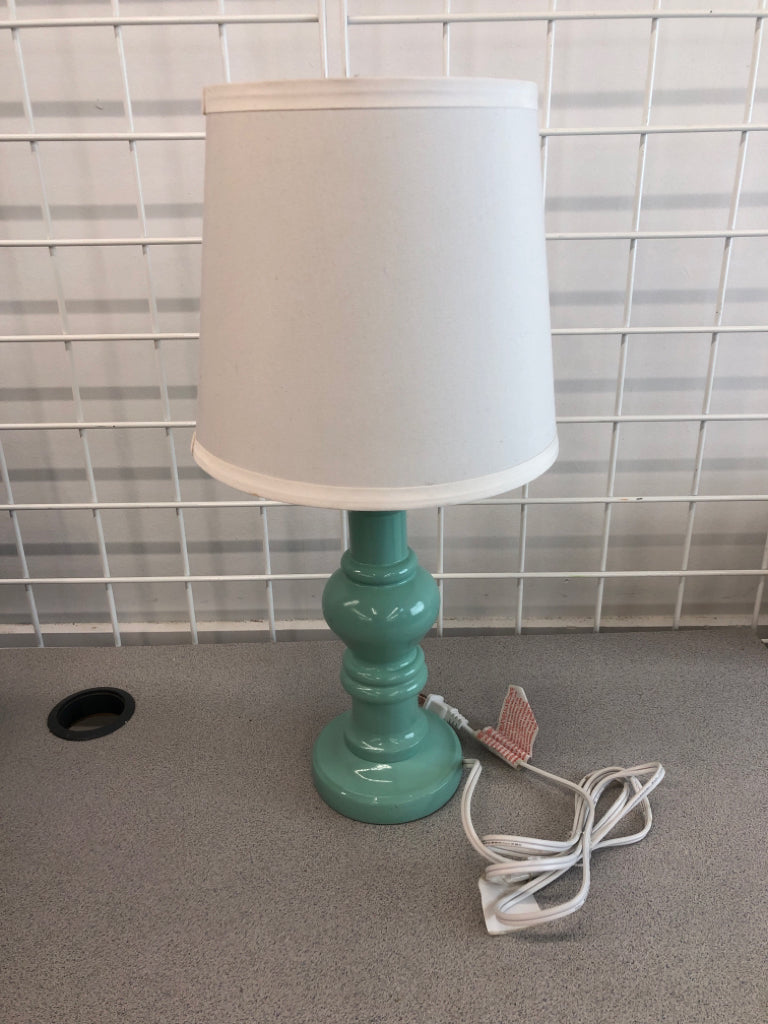 TEAL LAMP W/WHITE SHADE.