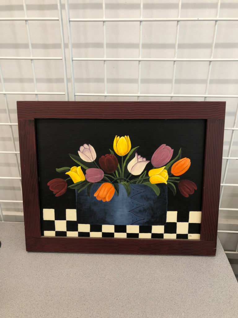 COLORFUL TULIPS RED FRAME HANGING.