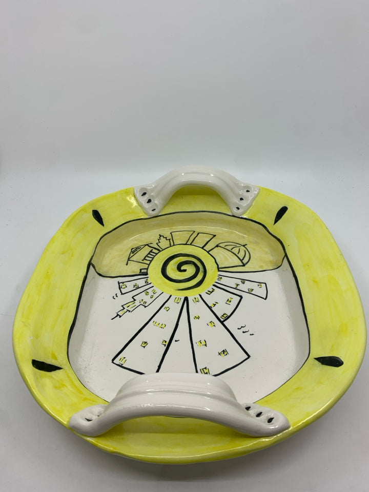 YELLOW BLACK AND WHITE CERAMIC TRAY W HANDLES.