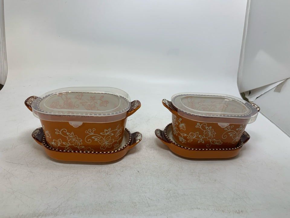 6 PC SVC 2 FLORAL LACE RAMEKIN OVAL BAKERS W/ CERAMIC LIDS/PLASTIC LIDS.