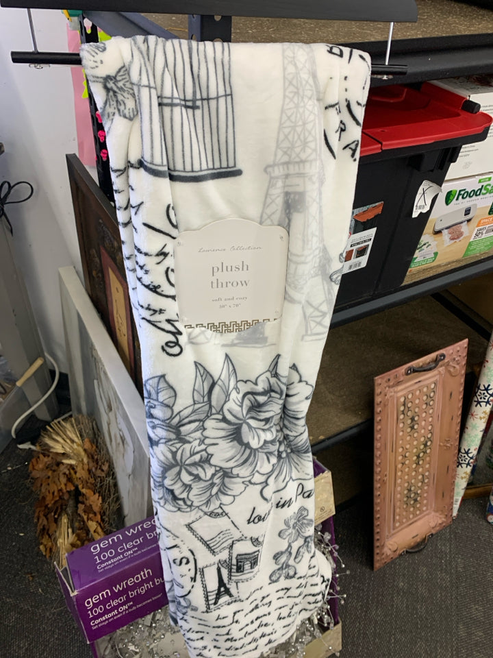 NIP WHITE BLANKET W/ FLOWERS/SCRIPT.