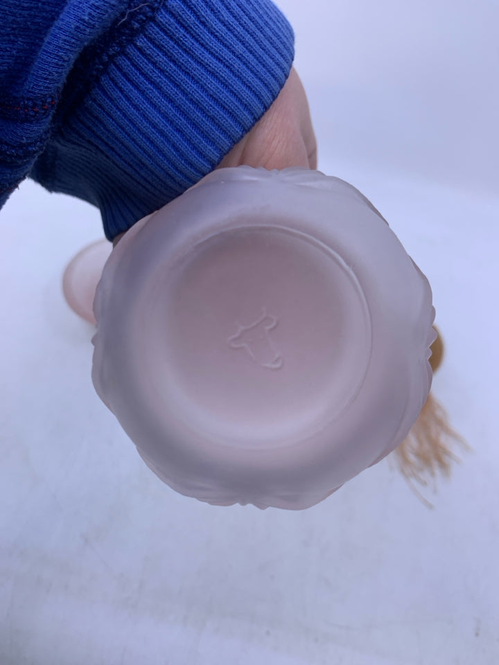 3 PC FROSTED PINK GLASS W/ EMBOSSED FLOWERS 2 PERFUME BOTTLES ON OVAL TRAY.