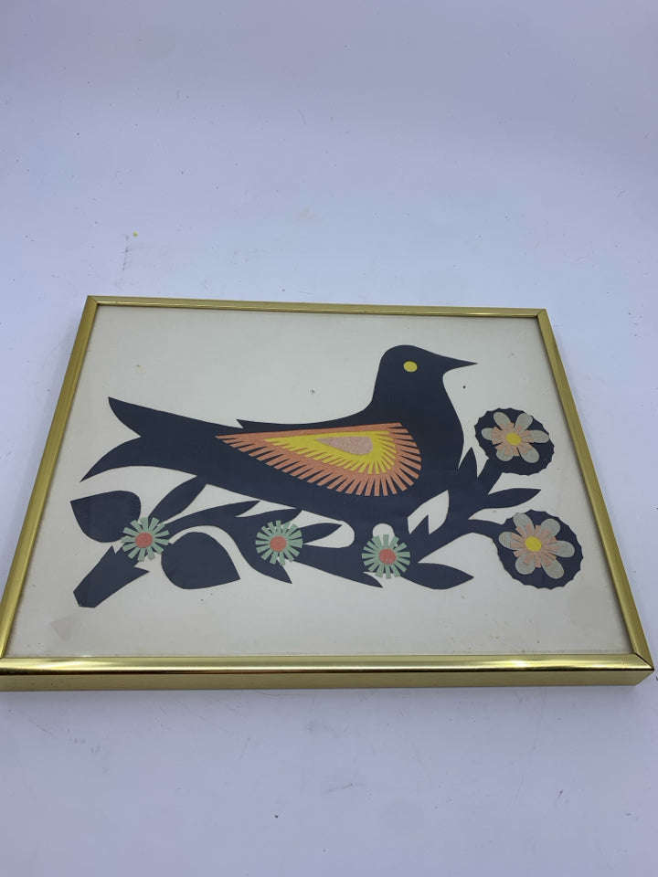 POLISH FORK ART BLACK BIRD ON FLOWER WALL ART GOLD FRAME.