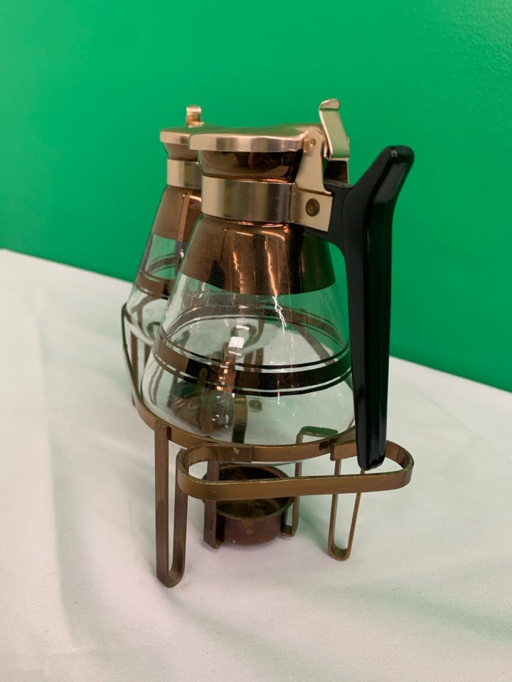 3 PC VTG COPPER TEA SET - 2 CARAFES AND WARMING STAND.