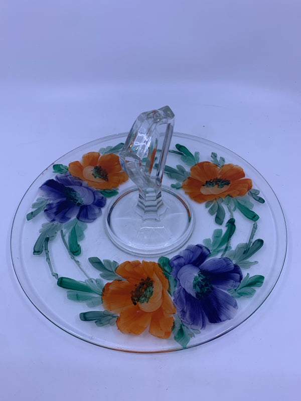 ORANGE AND BLUE PAINTED FLOWERS GLASS SERVER W/ CENTER HANDLE.