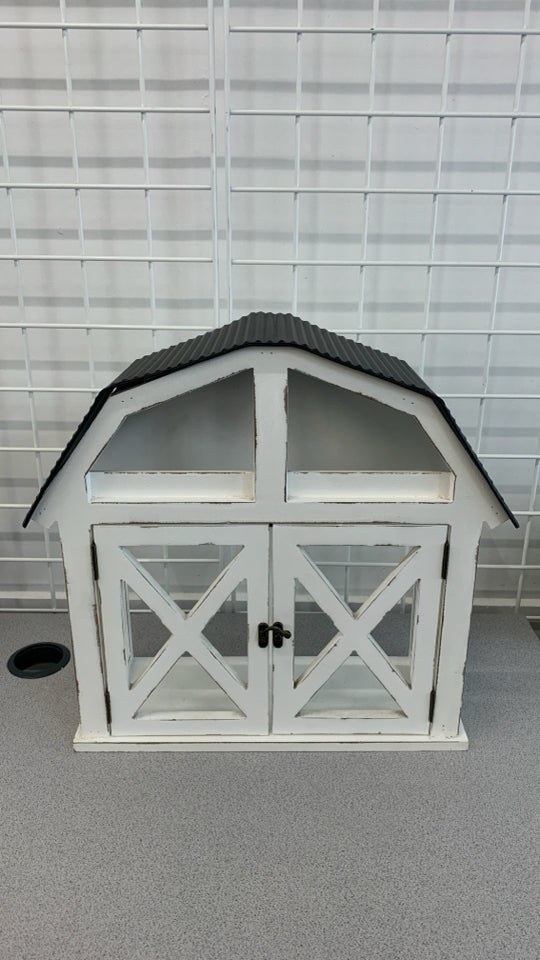 WHITE WOOD DECORATIVE BARN W/BLACK ROOF.
