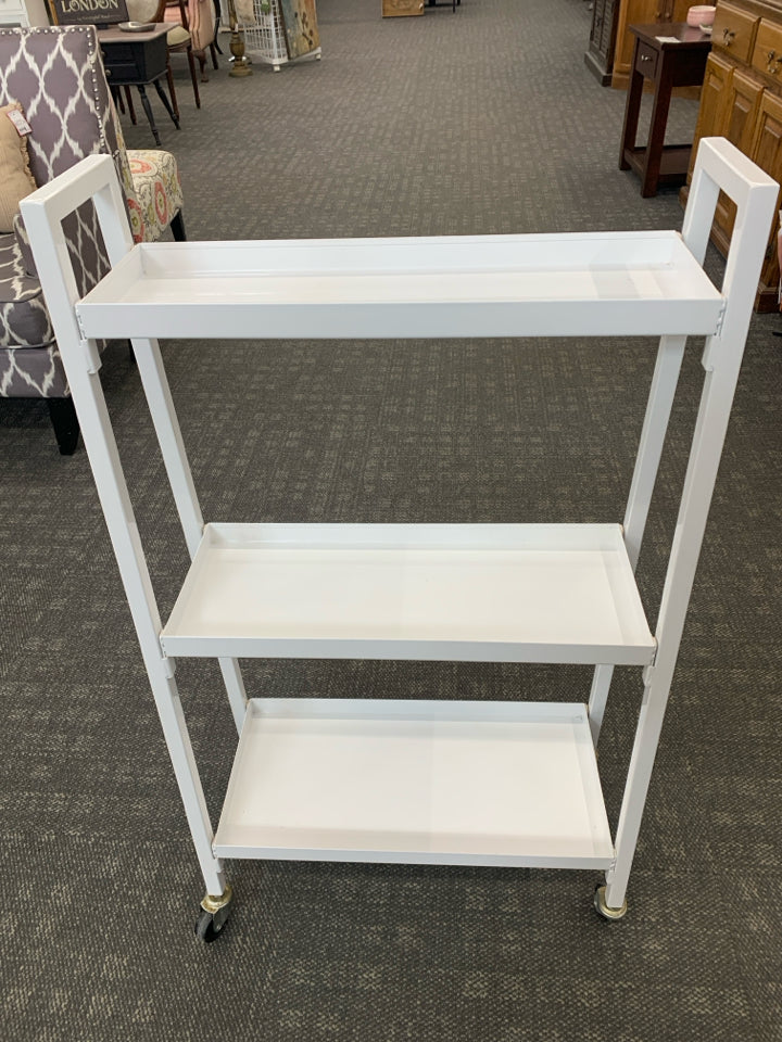 3 TIER WHITE ROLLING METAL SHELF.