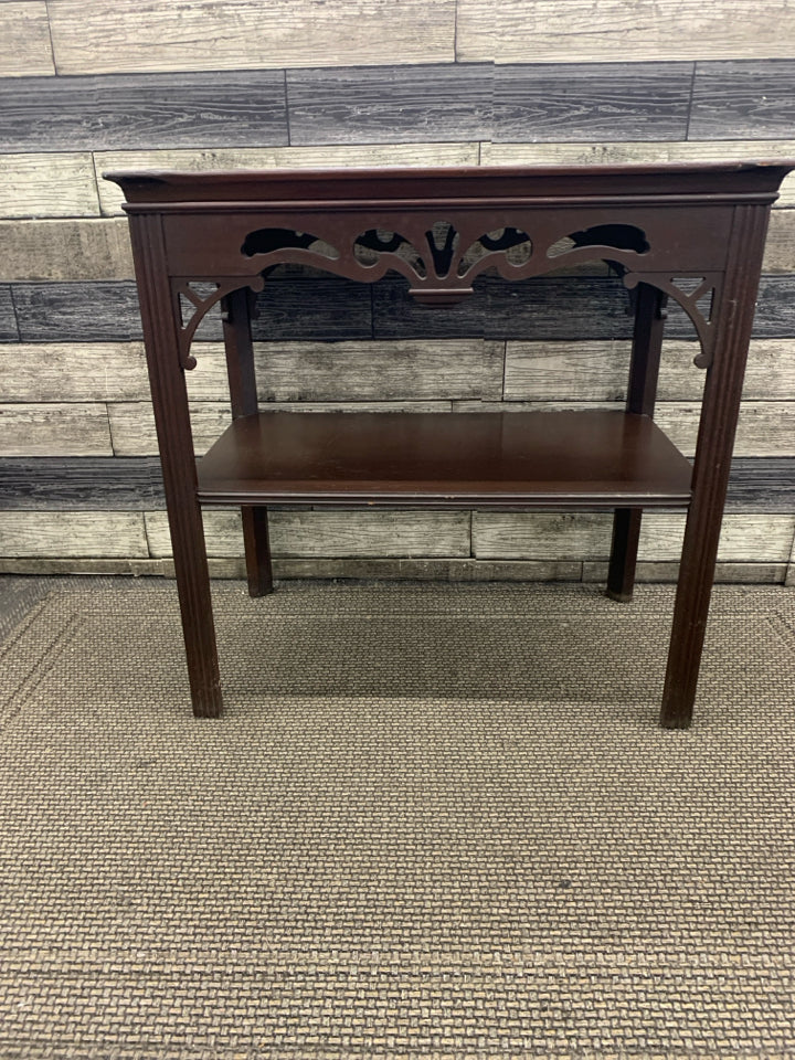 VTG DARK WOOD TABLE W BOTTOM STORAGE.