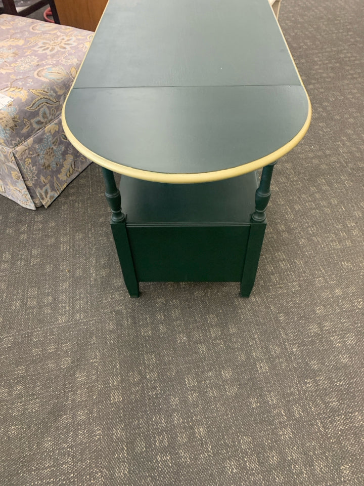 GREEN PAINTED CONSOLE/ BUFFET TABLE WITH FOLDING SIDES.