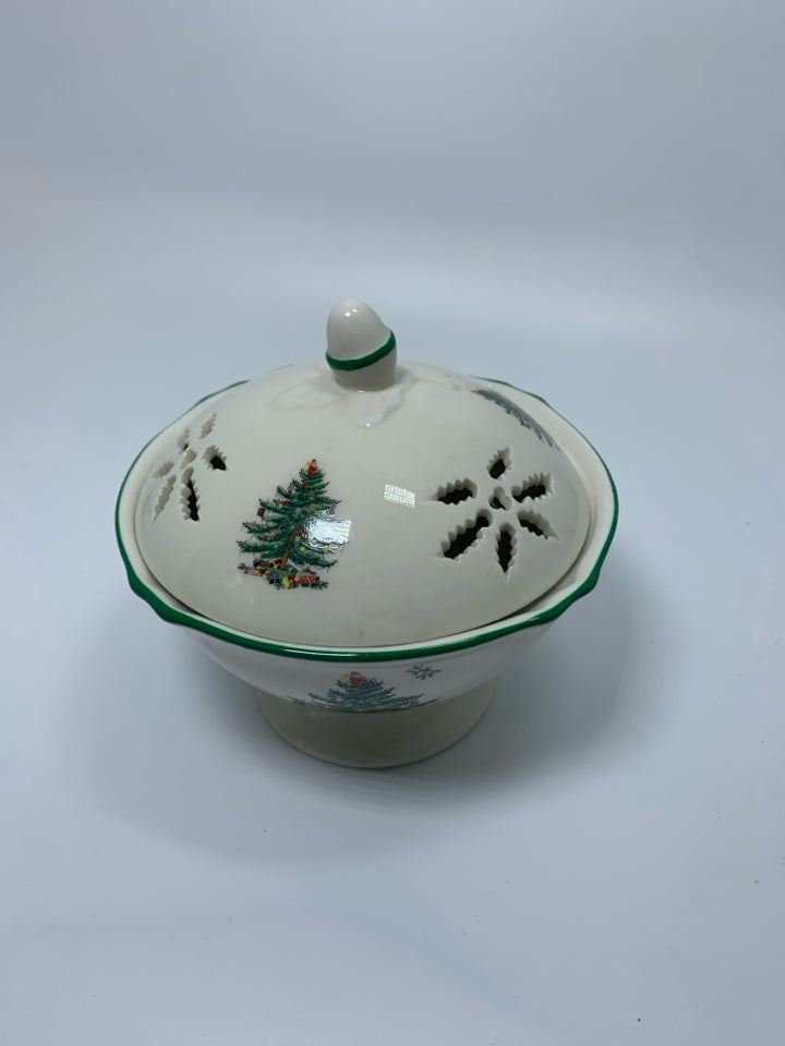 FOOTED SPODE CHRISTMAS TREE COVERED CANDY DISH W/ PIERCED LID.