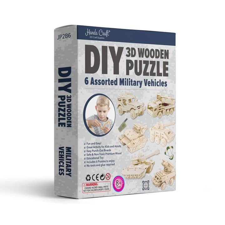 DIY 3D Wooden Puzzle Bundle Set: Pack of 6 Military Vehicles