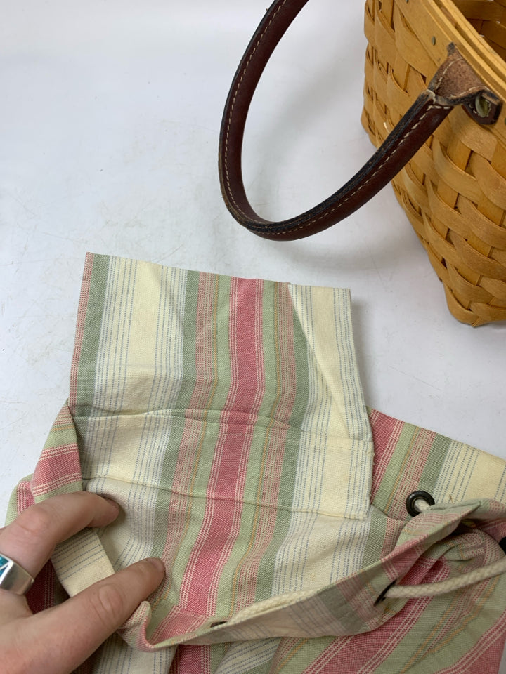 VTG LONGABERGER SMALL BOARDWALK BASKET TOTE W/ DRAWSTRING STRIPED LINER & PROTEC