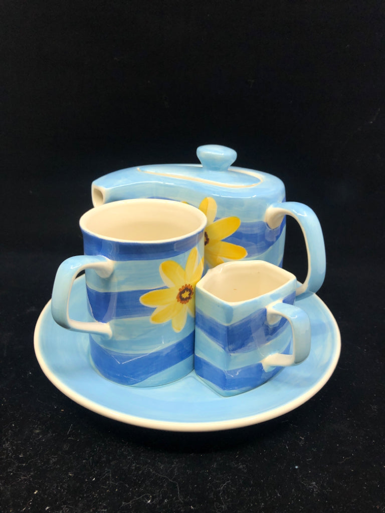 4 PC HERMAN DODGE & SON TEAPOT,CUP+SAUCER, CREAMER, PLATE- BLUE W/ YELLOW FLOWER