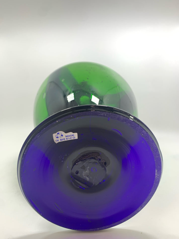 RECYCLED GREEN GLASS VASE W/BLUE BASE - MADE IN MEXICO.
