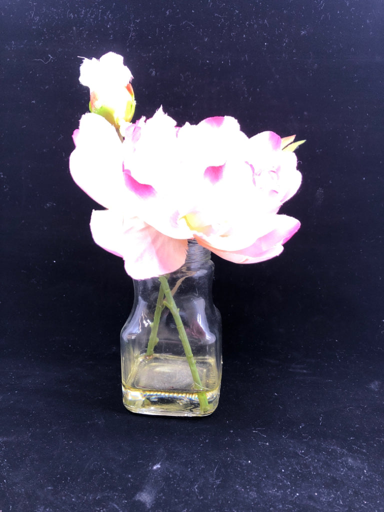 FAUX PINK FLOWER IN CLEAR GLASS VASE.