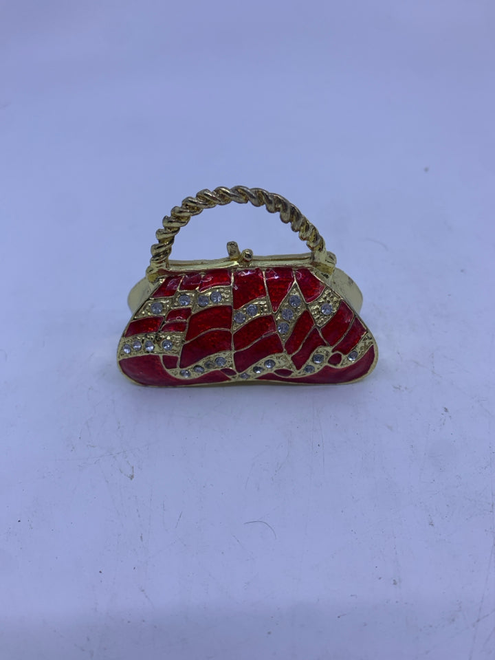 METAL /GLASS  RED PURSE TRINKET BOX.