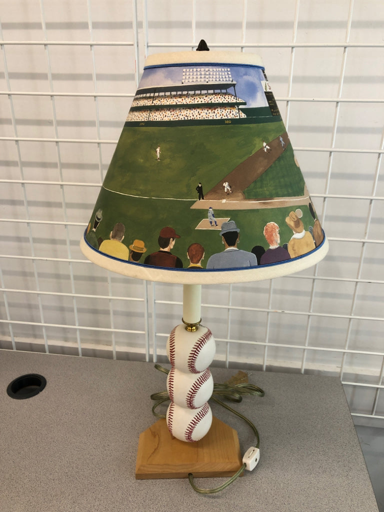 STACKED BASEBALL LAMP W/PAINTED SHADE.