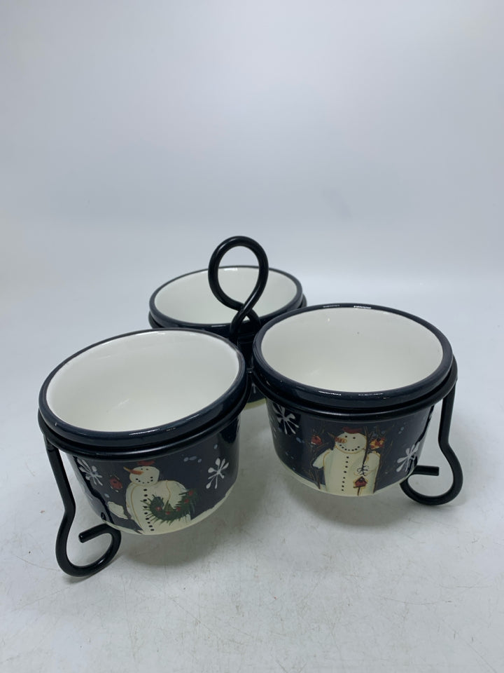 3 SMALL BLACK BOWLS IN STAND SNOWFLAKES SNOWMEN.