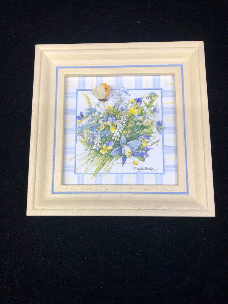 BLUE AND YELLOW FLORAL W BUTTERFLY IN CREAM FRAME WALL HANGING.