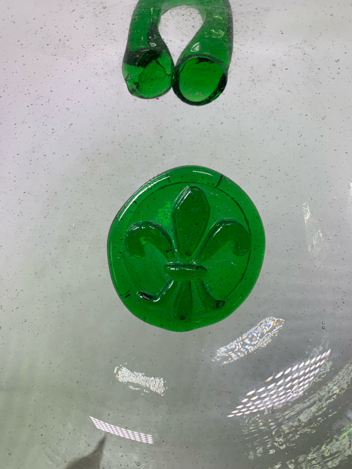 HEAVY BLOWN GLASS WALL HANGING BOWL W/ FLEUR-DE-LIS SYMBOL IN CENTER.