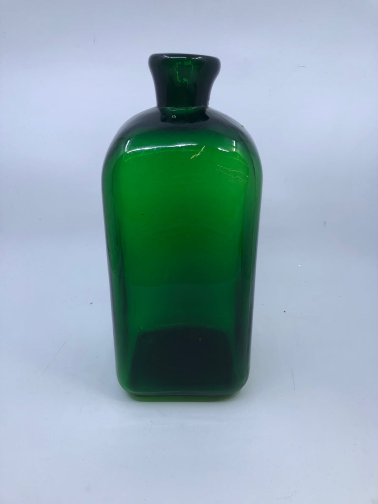 HEAVY GREEN GLASS DECORATIVE BOTTLE.