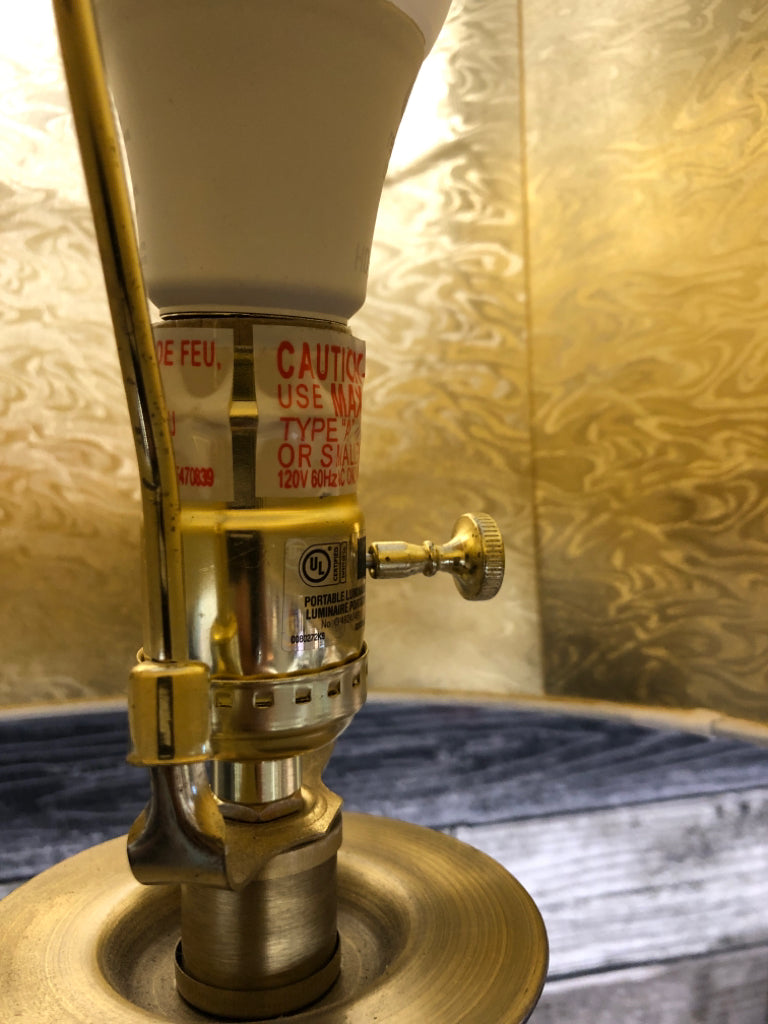 GOLD BASE GLASS BALL LAMP W/WHITE SHADE.